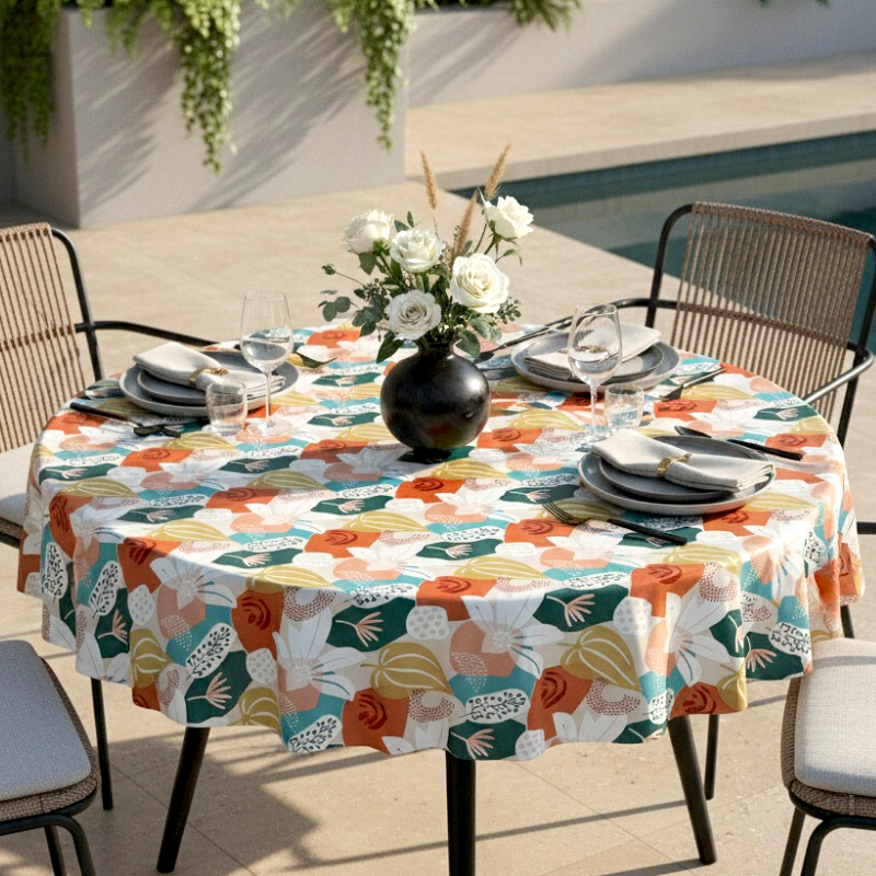 Toile cirée ronde Ø 155 Sienna, un motif floral aux couleurs chaudes et naturelles