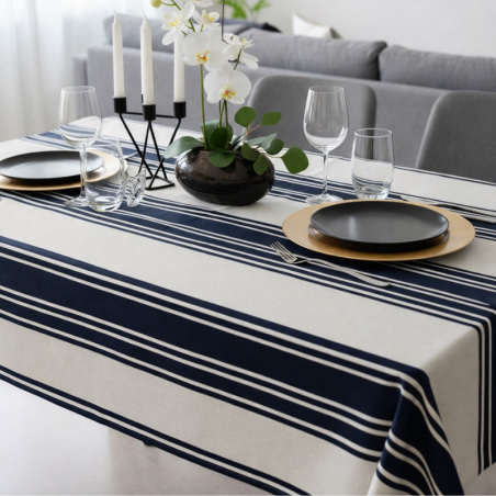 Toile de savoie enduite au mètre Émile, de larges rayures bleu profond et écru