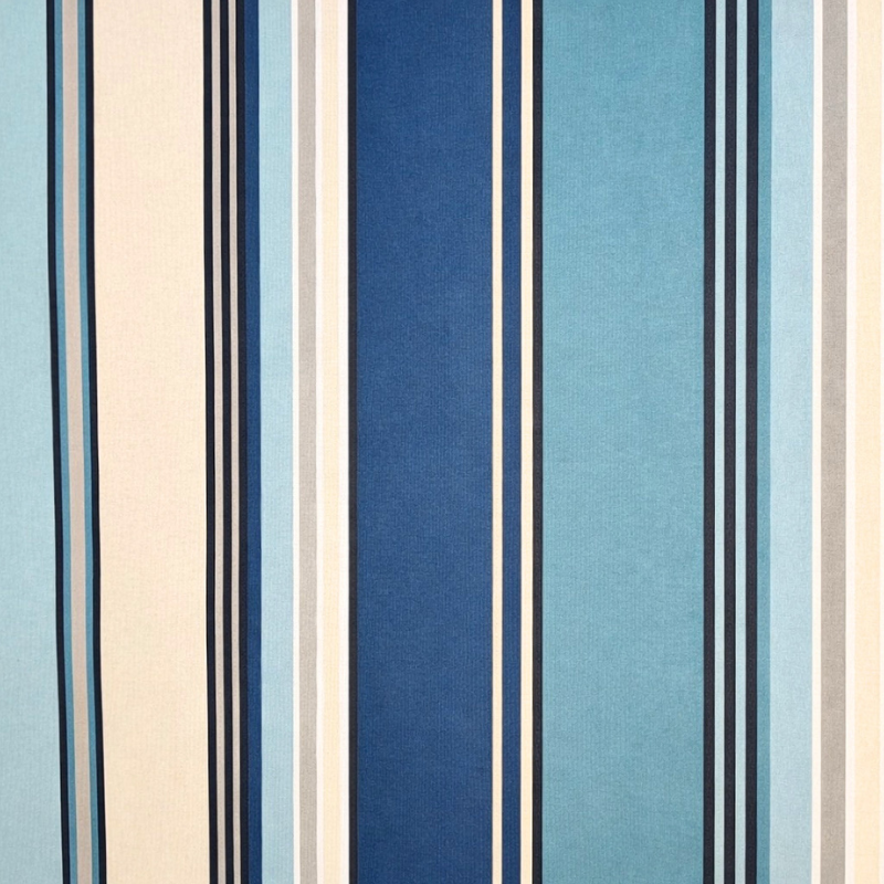 Tissu enduit au mètre Lucas, un bayadère aux rayures bleu, écru et gris pour une ambiance douce et bord de mer