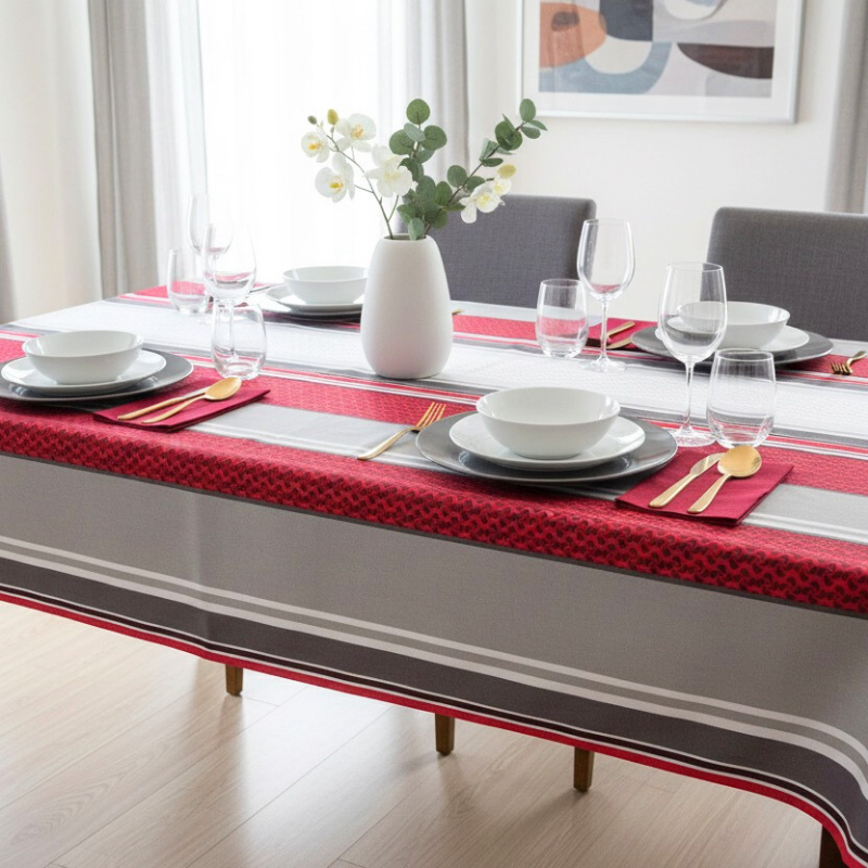 Tissu enduit au mètre Iñaki, un bayadère aux rayures gris, blanc et rouge, sublimé par des motifs de croix basques