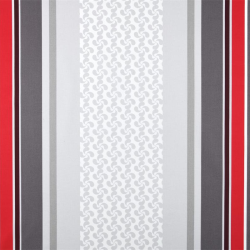 Tissu enduit au mètre Iñaki, un bayadère aux rayures gris, blanc et rouge, sublimé par des motifs de croix basques