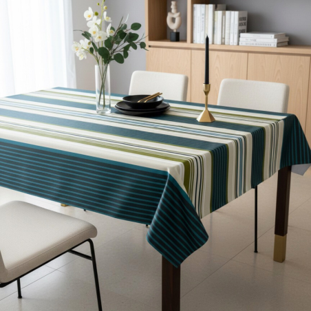 Tissu enduit au mètre Arthur, un bayadère aux rayures turquoise, olive et écru pour une ambiance élégante et contemporaine