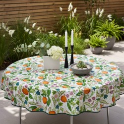 Toile cirée ronde de 4 à 6 couverts, finie par un biais avec des agrumes