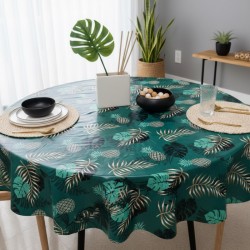 Toile cirée ronde Ø 155 Jalil, un esprit jungle avec des feuilles et des ananas