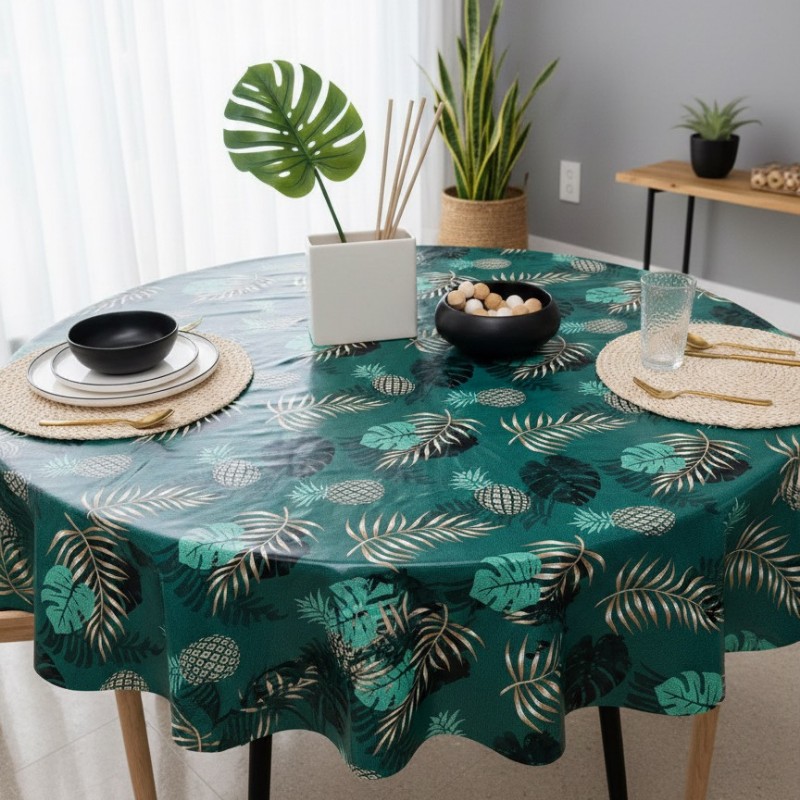 Toile cirée ronde Ø 155 Jalil, un esprit jungle avec des feuilles et des ananas