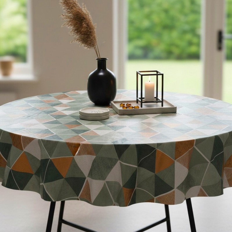 Toile cirée ronde Ø 155 Nolan, au motif géométrique vert sauge et terracotta, idéale pour une table moderne