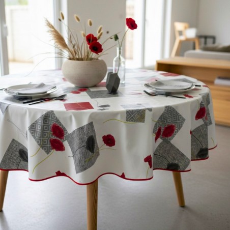 Toile cirée ronde Ø 155 Colette, au motif coquelicots rouges et carrés graphiques gris