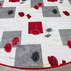 Toile cirée ronde Ø 155 Colette, au motif coquelicots rouges et carrés graphiques gris