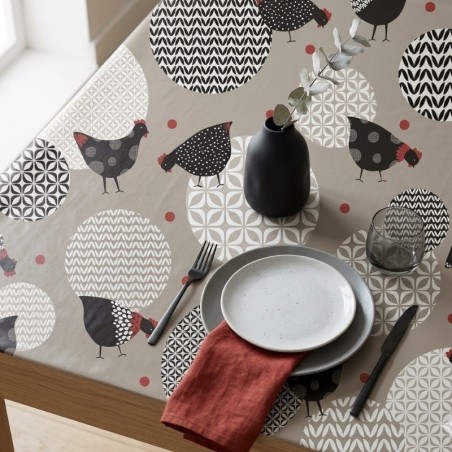 Toile cirée au mètre Alice noir, au motif poules et cercles graphiques sur votre table