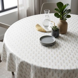 Toile cirée ronde Ø 175 Maha, une toile cirée élégante au motif géométrique beige et doré sur fond blanc