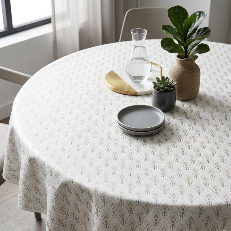 Toile cirée ronde Ø 175 Maha, une toile cirée élégante au motif géométrique beige et doré sur fond blanc