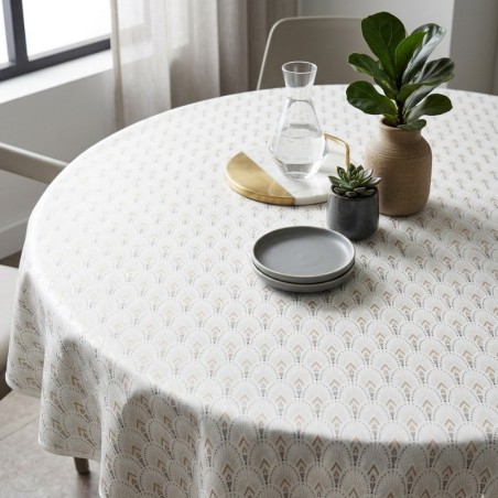 Toile cirée ronde Ø 175 Maha, une toile cirée élégante au motif géométrique beige et doré sur fond blanc