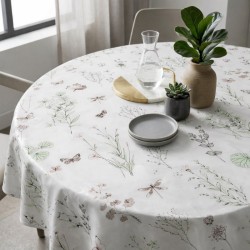 Toile cirée ronde Ø 175 Ella : de délicates fleurs des champs sur fond gris perle pour une table au charme naturel et élégant.