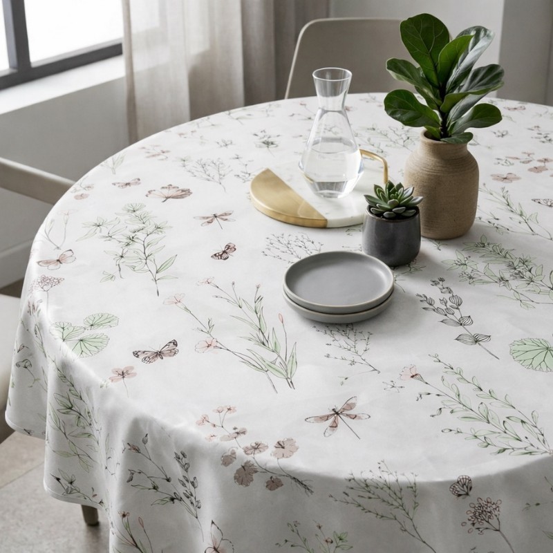 Toile cirée ronde Ø 175 Ella : de délicates fleurs des champs sur fond gris perle pour une table au charme naturel et élégant.