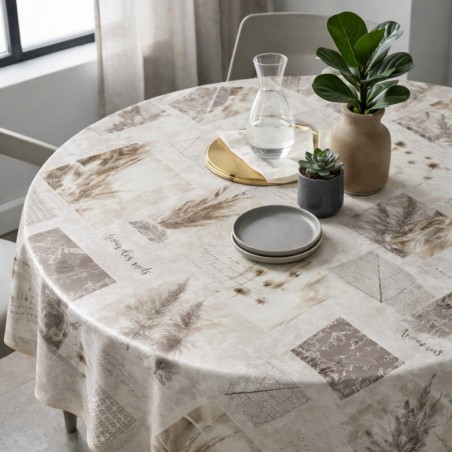Toile cirée ronde Ø 175 Martine aux nuances beige et taupe