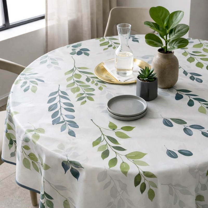 Toile cirée ronde Ø 175 Cesar aux motifs de branches et feuillages