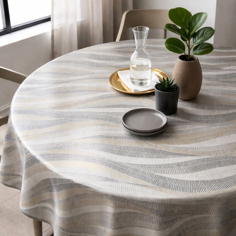 Toile cirée ronde Ø 175 Ondine : un motif graphique aux lignes ondulées