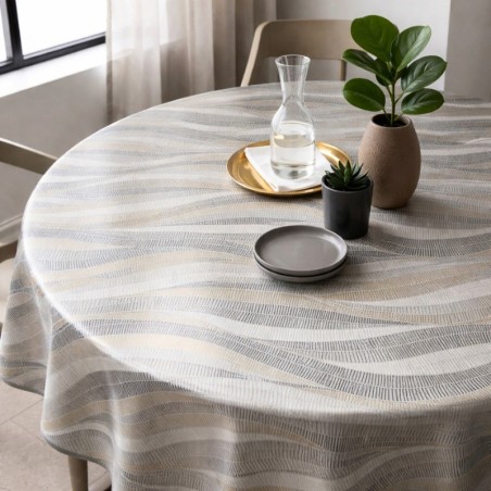 Toile cirée ronde Ø 175 Ondine : un motif graphique aux lignes ondulées
