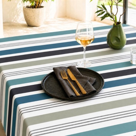 Toile cirée Rayures bayadère bleu canard, kaki et noir