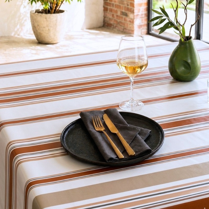 Toile cirée Rayures caramel et beige