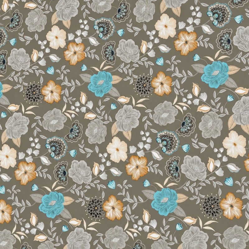 Toile cirée florale turquoise, beige et gris