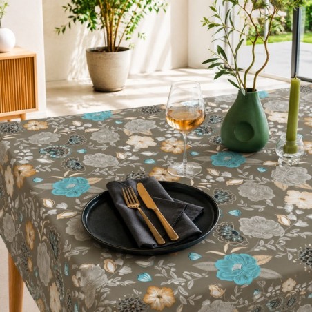 Toile cirée florale turquoise, beige et gris