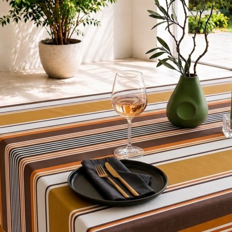 Tissu enduit à larges rayures jaune moutarde, marron chocolat