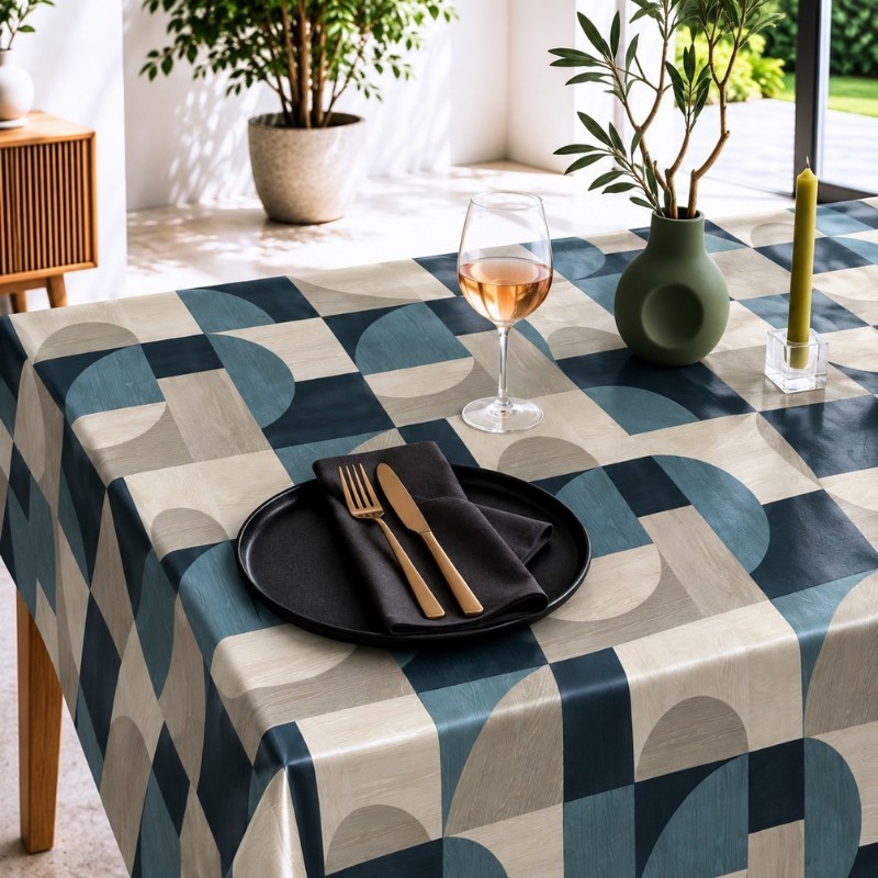 Toile cirée aux lignes géométriques blanches sur fond beige naturel